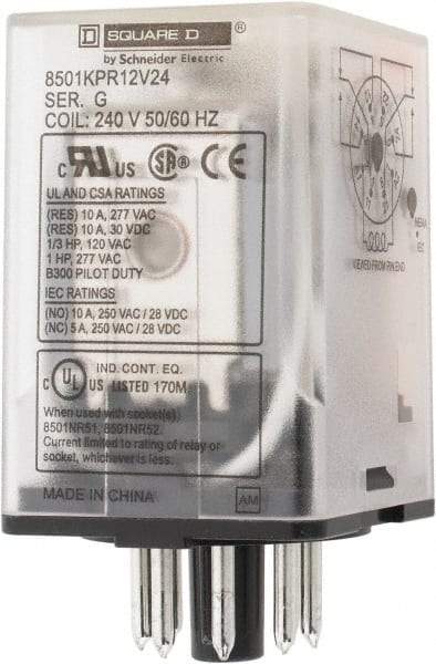 Square D - 8 Pins, 1 hp at 277 Volt & 1/3 hp at 120 Volt, 3 VA Power Rating, Octal Electromechanical Plug-in General Purpose Relay - 10 Amp at 250 VAC, DPDT, 240 VAC at 50/60 Hz, 34.9mm Wide x 50.3mm High x 35.4mm Deep - Apex Tool & Supply