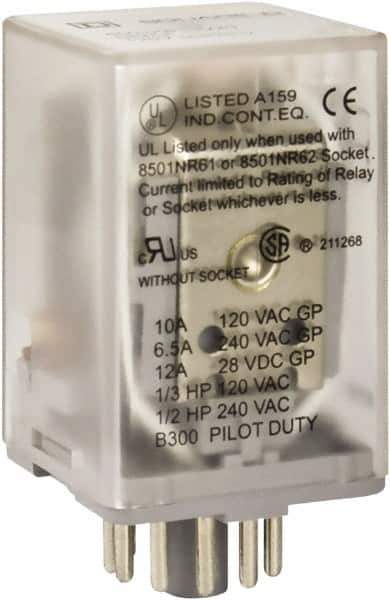 Square D - 8 Pins, 1 hp at 277 Volt & 1/3 hp at 120 Volt, 3 VA Power Rating, Octal Electromechanical Plug-in General Purpose Relay - 10 Amp at 250 VAC, DPDT, 120 VAC at 50/60 Hz, 34.9mm Wide x 50.3mm High x 35.4mm Deep - Apex Tool & Supply