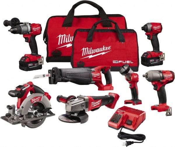 Milwaukee Tool - 18 Volt Cordless Tool Combination Kit - Includes Hammer Drill, Impact Driver, Reciprocating Saw, Circular Saw, Grinder, Work Light & 1/2" Impact Wrench, Lithium-Ion Battery Included - Apex Tool & Supply