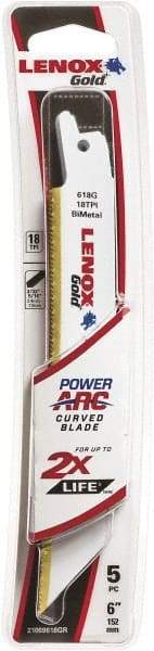 Lenox - 6" Long x 3/4" Thick, Bi-Metal Reciprocating Saw Blade - Tapered Profile, 18 TPI, Toothed Edge, Universal Shank - Apex Tool & Supply