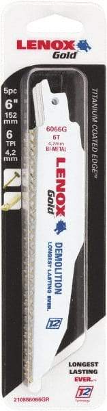 Lenox - 6" Long x 7/8" Thick, Bi-Metal Reciprocating Saw Blade - Tapered Profile, 6 TPI, Toothed Edge, Universal Shank - Apex Tool & Supply