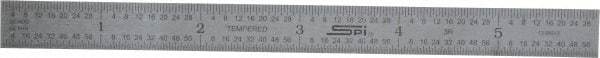 SPI - 6" Long, 1/64, 1/50, 1/32, 1/10" Graduation, Flexible Steel Rule - 3R Graduation Style, 1/2" Wide, Silver, Satin Chrome Finish - Apex Tool & Supply