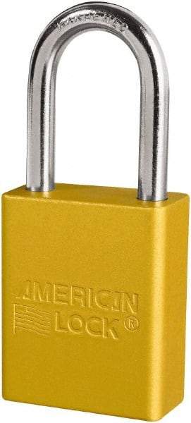 American Lock - Keyed Different Conductive Lockout Padlock - 1-1/2" Shackle Clearance, 1/4" Shackle Diam, 1.8" Body Height x 3/4" Body Width, Yellow, 6 Pins - Apex Tool & Supply