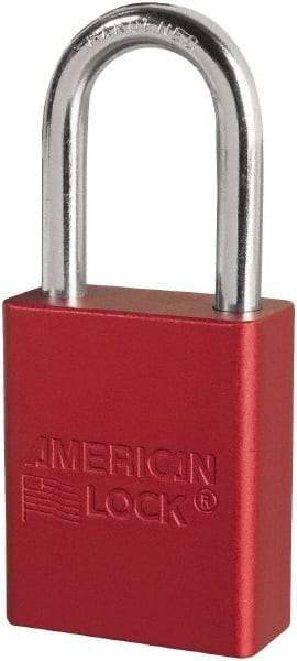 American Lock - Keyed Different Conductive Lockout Padlock - 1-1/2" Shackle Clearance, 1/4" Shackle Diam, 1.8" Body Height x 3/4" Body Width, Red, 6 Pins - Apex Tool & Supply