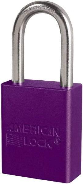 American Lock - Keyed Different Conductive Lockout Padlock - 1-1/2" Shackle Clearance, 1/4" Shackle Diam, 1.8" Body Height x 3/4" Body Width, Purple, 6 Pins - Apex Tool & Supply