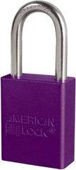 American Lock - Keyed Different Conductive Lockout Padlock - 1-1/2" Shackle Clearance, 1/4" Shackle Diam, 1.8" Body Height x 3/4" Body Width, Purple, 6 Pins - Apex Tool & Supply