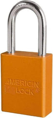 American Lock - Keyed Different Conductive Lockout Padlock - 1-1/2" Shackle Clearance, 1/4" Shackle Diam, 1.8" Body Height x 3/4" Body Width, Orange, 6 Pins - Apex Tool & Supply