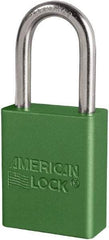 American Lock - Keyed Different Conductive Lockout Padlock - 1-1/2" Shackle Clearance, 1/4" Shackle Diam, 1.8" Body Height x 3/4" Body Width, Green, 6 Pins - Apex Tool & Supply