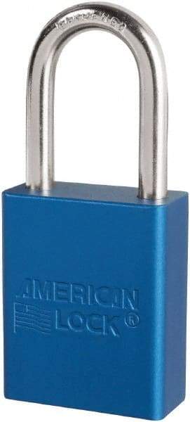 American Lock - Keyed Different Conductive Lockout Padlock - 1-1/2" Shackle Clearance, 1/4" Shackle Diam, 1.8" Body Height x 3/4" Body Width, Blue, 6 Pins - Apex Tool & Supply