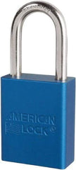American Lock - Keyed Different Conductive Lockout Padlock - 1-1/2" Shackle Clearance, 1/4" Shackle Diam, 1.8" Body Height x 3/4" Body Width, Blue, 6 Pins - Apex Tool & Supply