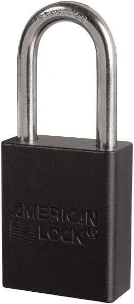 American Lock - Keyed Different Conductive Lockout Padlock - 1-1/2" Shackle Clearance, 1/4" Shackle Diam, 1.8" Body Height x 3/4" Body Width, Black, 6 Pins - Apex Tool & Supply