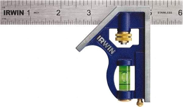 Irwin - 2 Piece, 6" Combination Square Set - 1/16, 1/32, 1/64 & 1/8" (4R) Graduation, Stainless Steel Blade, Cast Zinc Square Head - Apex Tool & Supply