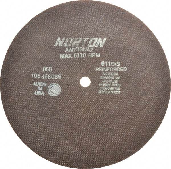 Norton - 10" 60 Grit Aluminum Oxide Cutoff Wheel - 0.06" Thick, 5/8" Arbor, 6,110 Max RPM, Use with Stationary Grinders - Apex Tool & Supply