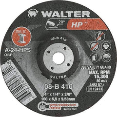 WALTER Surface Technologies - 24 Grit, 4" Wheel Diam, 1/4" Wheel Thickness, 3/8" Arbor Hole, Type 27 Depressed Center Wheel - Aluminum Oxide, Resinoid Bond, 15,000 Max RPM - Apex Tool & Supply