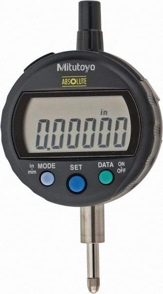 Mitutoyo - 0 to 12.7mm Range, 0.00005" Graduation, Electronic Drop Indicator - Flat Back, Accurate to 0.0001", English & Metric System, LCD Display - Apex Tool & Supply