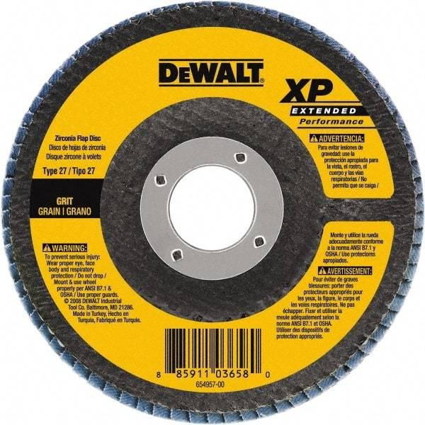 DeWALT - 60 Grit, 6" Disc Diam, 5/8-11 Center Hole, Type 27 Zirconia Alumina Flap Disc - 10,100 Max RPM, Cloth Backing, Arbor Attaching System, Coated - Apex Tool & Supply