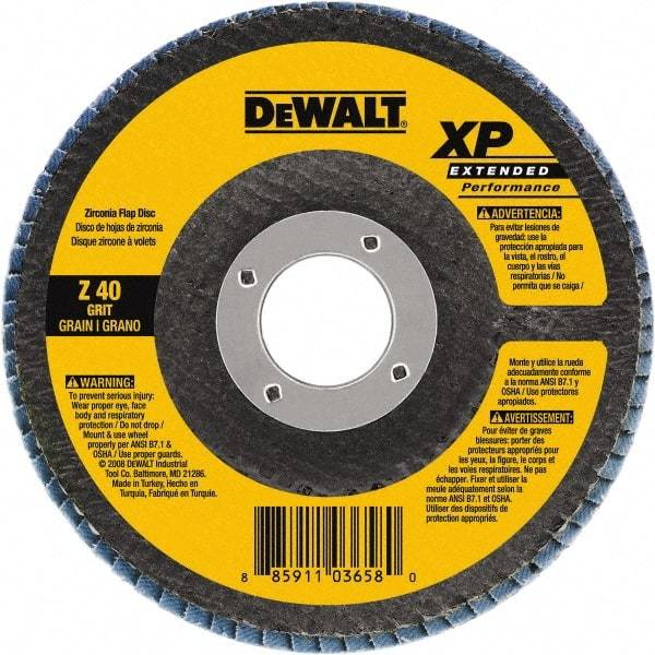 DeWALT - 60 Grit, 4-1/2" Disc Diam, 7/8" Center Hole, Type 27 Zirconia Alumina Flap Disc - 13,300 Max RPM, Cloth Backing, Arbor Attaching System, Coated - Apex Tool & Supply