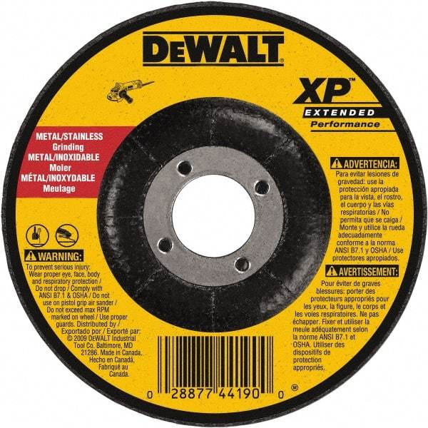 DeWALT - 24 Grit, 6" Wheel Diam, 1/4" Wheel Thickness, 7/8" Arbor Hole, Type 27 Depressed Center Wheel - Zirconia Alumina, Resinoid Bond, 10,100 Max RPM, Compatible with Angle Grinder - Apex Tool & Supply