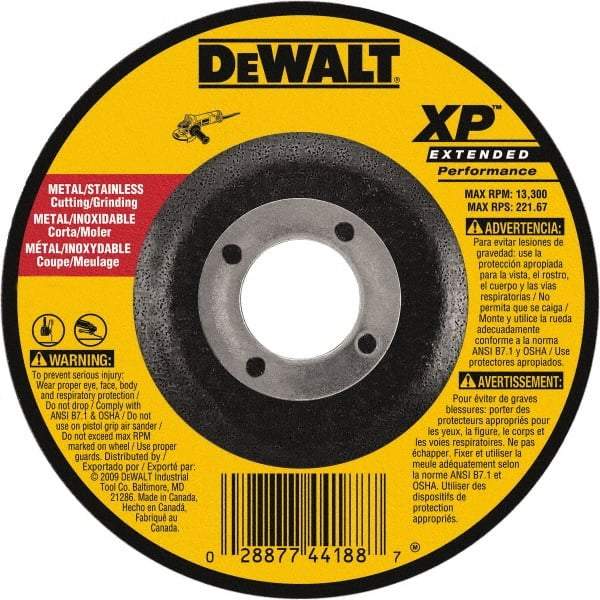 DeWALT - 24 Grit, 5" Wheel Diam, 1/8" Wheel Thickness, 7/8" Arbor Hole, Type 27 Depressed Center Wheel - Zirconia Alumina, Resinoid Bond, 12,200 Max RPM, Compatible with Angle Grinder - Apex Tool & Supply