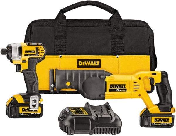 DeWALT - 2 Piece 20 Volt Cordless Tool Combination Kit - Includes 1/4" Impact Driver, Reciprocating Saw, Fast Charger, Contractor Bag & Belt Hook, Lithium-Ion - Apex Tool & Supply