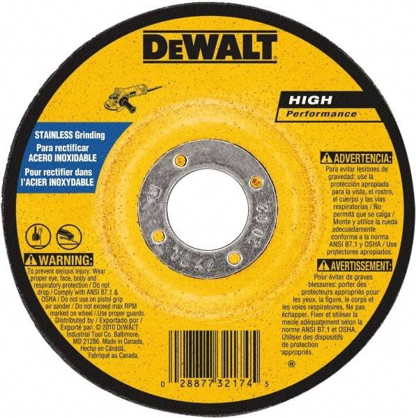 DeWALT - 30 Grit, 6" Wheel Diam, 1/4" Wheel Thickness, 7/8" Arbor Hole, Type 27 Depressed Center Wheel - Aluminum Oxide, 10,100 Max RPM, Compatible with Angle Grinder - Apex Tool & Supply