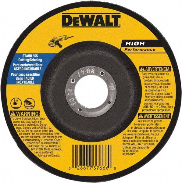 DeWALT - 30 Grit, 6" Wheel Diam, 1/8" Wheel Thickness, 7/8" Arbor Hole, Type 27 Depressed Center Wheel - Aluminum Oxide, 10,100 Max RPM, Compatible with Angle Grinder - Apex Tool & Supply