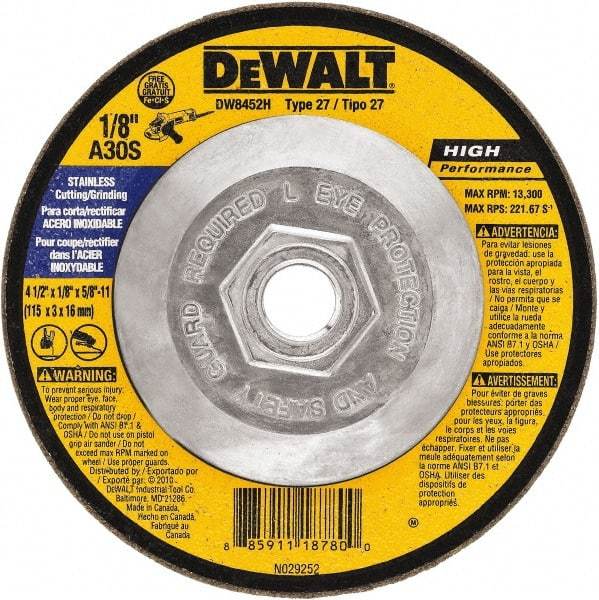 DeWALT - 30 Grit, 4-1/2" Wheel Diam, 1/8" Wheel Thickness, Type 27 Depressed Center Wheel - Aluminum Oxide, 13,300 Max RPM, Compatible with Angle Grinder - Apex Tool & Supply