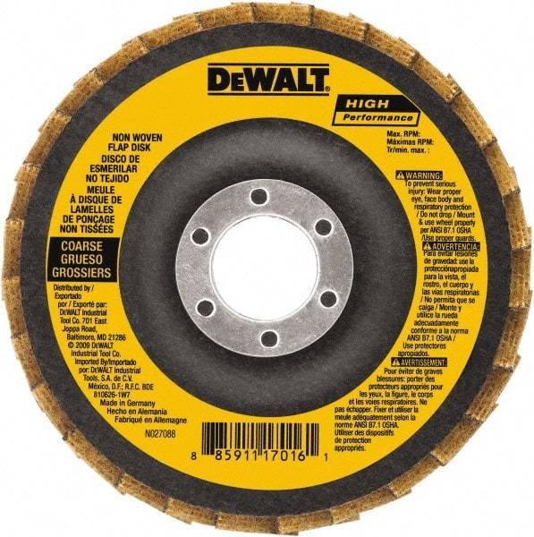 DeWALT - 100 Grit, 4-1/2" Disc Diam, 5/8-11 Center Hole, Type 27 Aluminum Oxide Flap Disc - 13,300 Max RPM, Fiberglass Backing, Arbor Attaching System, Non-Woven - Apex Tool & Supply