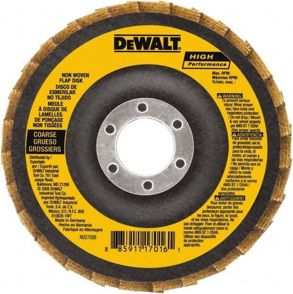 DeWALT - 4-1/2" Disc Diam, 7/8" Center Hole, Type 27 Aluminum Oxide Flap Disc - 13,300 Max RPM, Fiberglass Backing, Arbor Attaching System, Non-Woven - Apex Tool & Supply
