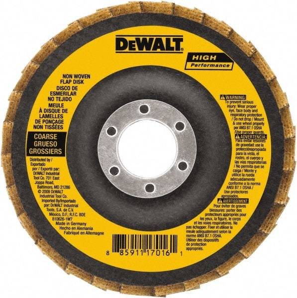 DeWALT - 100 Grit, 4-1/2" Disc Diam, 7/8" Center Hole, Type 27 Aluminum Oxide Flap Disc - 13,300 Max RPM, Fiberglass Backing, Arbor Attaching System, Non-Woven - Apex Tool & Supply