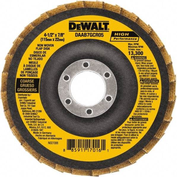 DeWALT - 40 Grit, 4-1/2" Disc Diam, 7/8" Center Hole, Type 27 Aluminum Oxide Flap Disc - 13,300 Max RPM, Fiberglass Backing, Arbor Attaching System, Non-Woven - Apex Tool & Supply