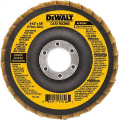 DeWALT - 40 Grit, 4-1/2" Disc Diam, 7/8" Center Hole, Type 27 Aluminum Oxide Flap Disc - 13,300 Max RPM, Fiberglass Backing, Arbor Attaching System, Non-Woven - Apex Tool & Supply
