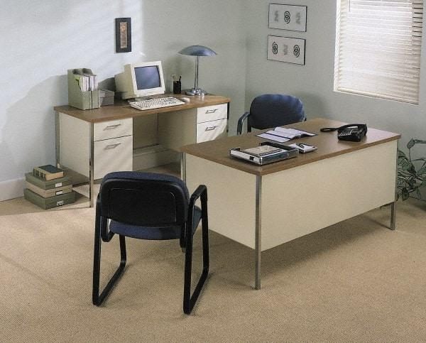 Hon - Plastic Laminated Top Single Pedestal Desk with Center Drawer - 48" Wide x 24" Deep x 29-1/2" High, Walnut/Black - Apex Tool & Supply