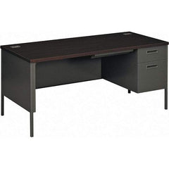Hon - Plastic Laminated Top Single Pedestal with Right Hand Return Desk with Center Drawer - 66" Wide x 30" Deep x 29-1/2" High, Mahogany/Charcoal - Apex Tool & Supply