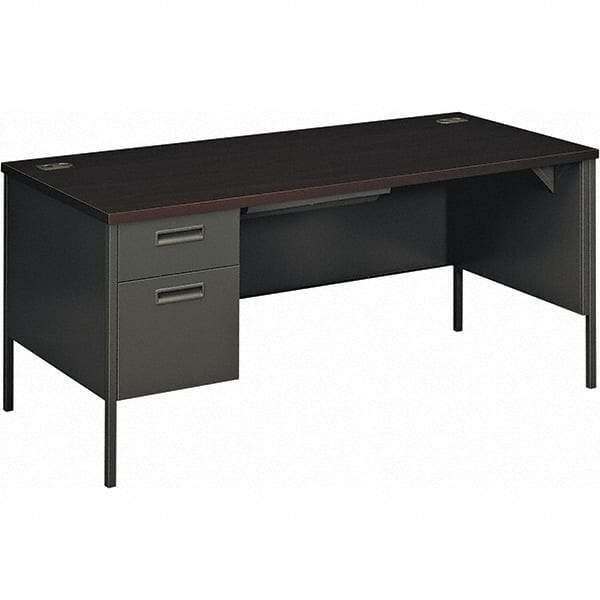 Hon - Plastic Laminated Top Single Pedestal Desk with Center Drawer - 66" Wide x 30" Deep x 29-1/2" High, Mahogany/Charcoal - Apex Tool & Supply