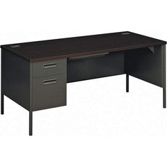 Hon - Plastic Laminated Top Single Pedestal Desk with Center Drawer - 66" Wide x 30" Deep x 29-1/2" High, Mahogany/Charcoal - Apex Tool & Supply
