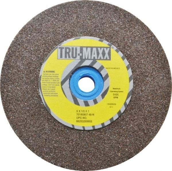 Tru-Maxx - 60 Grit Aluminum Oxide Bench & Pedestal Grinding Wheel - 5" Diam x 1" Hole x 1/2" Thick, 6495 Max RPM, O Hardness, Medium Grade , Vitrified Bond - Apex Tool & Supply
