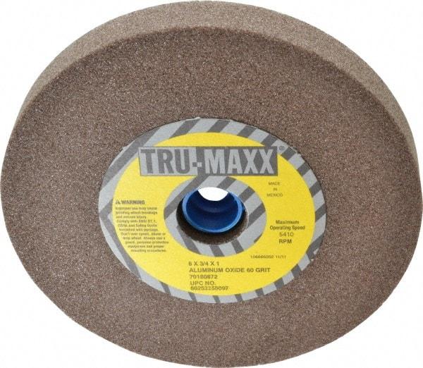 Tru-Maxx - 60 Grit Aluminum Oxide Bench & Pedestal Grinding Wheel - 6" Diam x 1" Hole x 3/4" Thick, 5410 Max RPM, O Hardness, Medium Grade , Vitrified Bond - Apex Tool & Supply