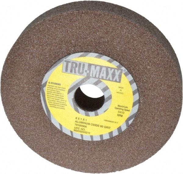 Tru-Maxx - 60 Grit Aluminum Oxide Bench & Pedestal Grinding Wheel - 6" Diam x 1" Hole x 1" Thick, 5410 Max RPM, O Hardness, Medium Grade , Vitrified Bond - Apex Tool & Supply