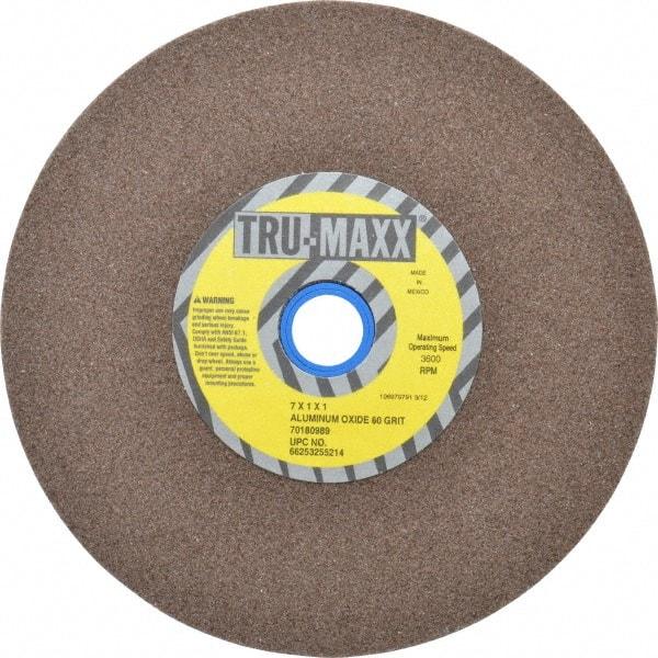 Tru-Maxx - 60 Grit Aluminum Oxide Bench & Pedestal Grinding Wheel - 7" Diam x 1" Hole x 1" Thick, 3600 Max RPM, O Hardness, Medium Grade , Vitrified Bond - Apex Tool & Supply