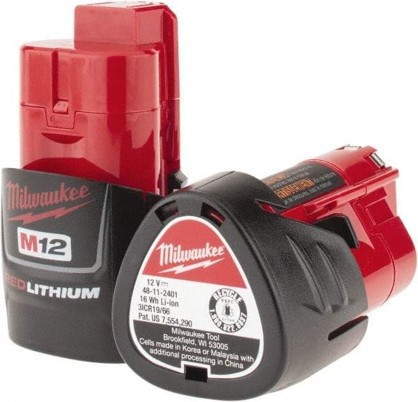 Milwaukee Tool - 12 Volt Lithium-Ion Power Tool Battery - 1.5 Ahr Capacity, 1/2 hr Charge Time, Series M12 RED - Apex Tool & Supply