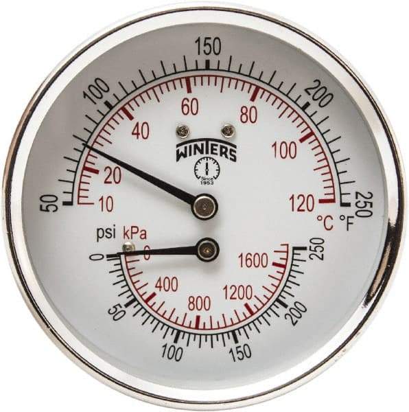 Winters - 3" Dial, 1/2 Thread, 0-250 Scale Range, Pressure Gauge - Center Back Connection Mount, Accurate to 0.03% of Scale - Apex Tool & Supply