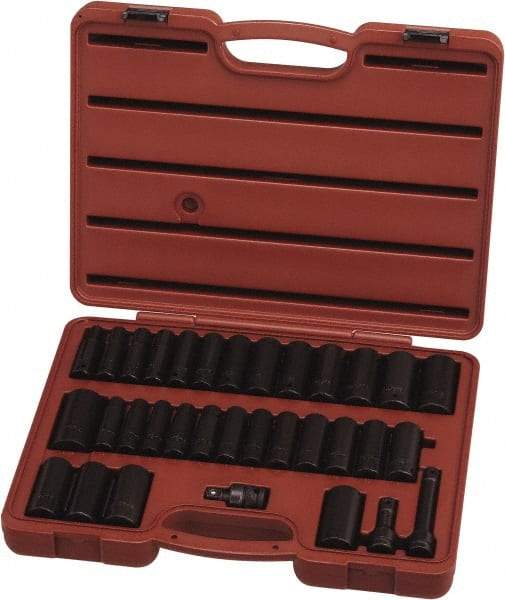 Paramount - 33 Piece 1/2" Drive Standard Deep Impact Socket Set - 6 Points, 3/8 to 1-1/4", 10 to 27mm, Inch/Metric Measurement Standard - Apex Tool & Supply