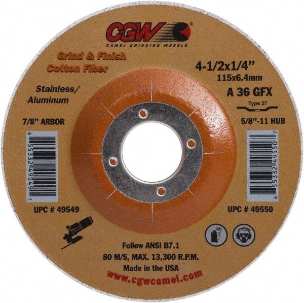 Camel Grinding Wheels - 36 Grit, 4-1/2" Wheel Diam, 1/4" Wheel Thickness, Type 27 Depressed Center Wheel - Medium Grade, Aluminum Oxide, 13,300 Max RPM - Apex Tool & Supply