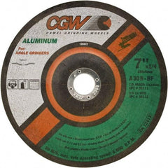 Camel Grinding Wheels - 30 Grit, 9" Wheel Diam, 1/4" Wheel Thickness, 7/8" Arbor Hole, Type 27 Depressed Center Wheel - Medium Grade, Aluminum Oxide, Resinoid Bond, 6,650 Max RPM - Apex Tool & Supply