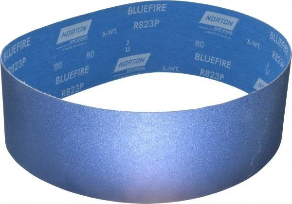 Norton - 4" Wide x 36" OAL, 80 Grit, Zirconia Alumina Abrasive Belt - Zirconia Alumina, Medium, Coated, X Weighted Cloth Backing, Series R823 - Apex Tool & Supply