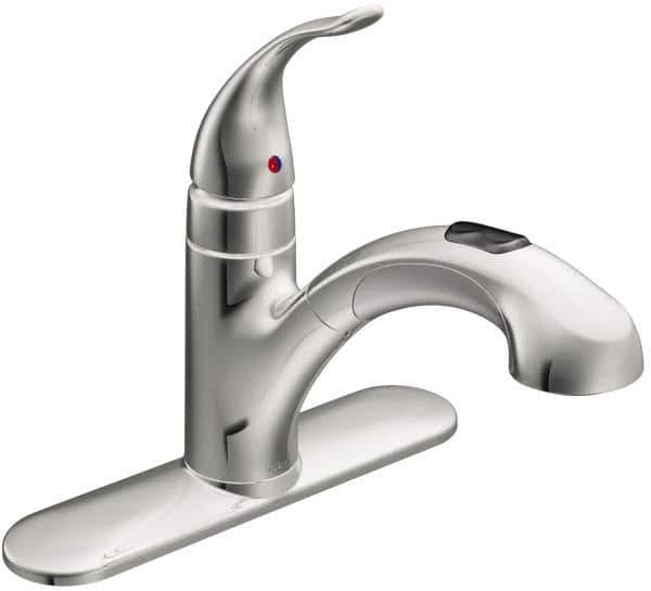 Moen - 3 Hole Mount, Low Arc Commercial Faucet - One Handle, Pull Lever Handle, Pullout Spout, No Drain - Apex Tool & Supply