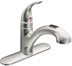 Moen - 3 Hole Mount, Low Arc Commercial Faucet - One Handle, Pull Lever Handle, Pullout Spout, No Drain - Apex Tool & Supply
