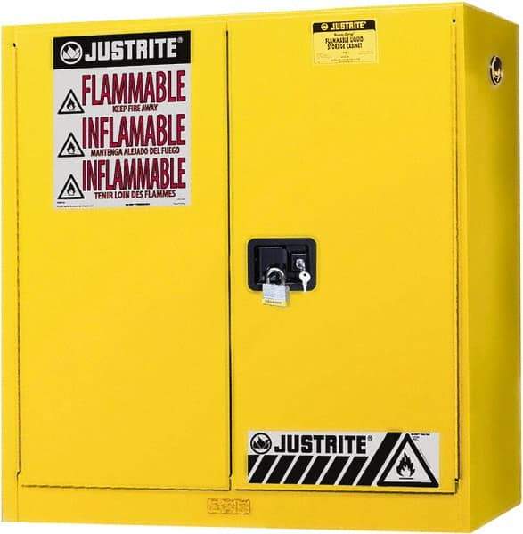 Justrite - 2 Door, 3 Shelf, Yellow Steel Wall Mount Safety Cabinet for Flammable and Combustible Liquids - 44" High x 43" Wide x 12" Deep, Manual Closing Door, 20 Gal Capacity - Apex Tool & Supply