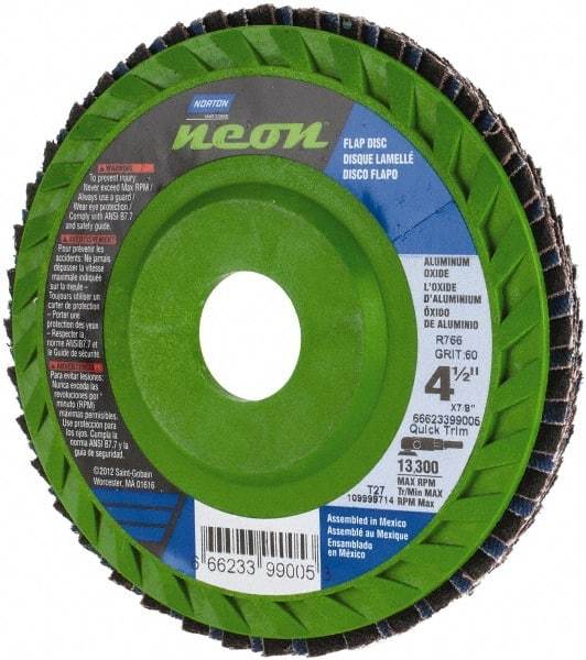 Norton - 60 Grit, 4-1/2" Disc Diam, 7/8" Center Hole, Type 27 Ceramic Alumina Flap Disc - 13,300 Max RPM, Polyester Backing, Arbor Attaching System, Coated - Apex Tool & Supply